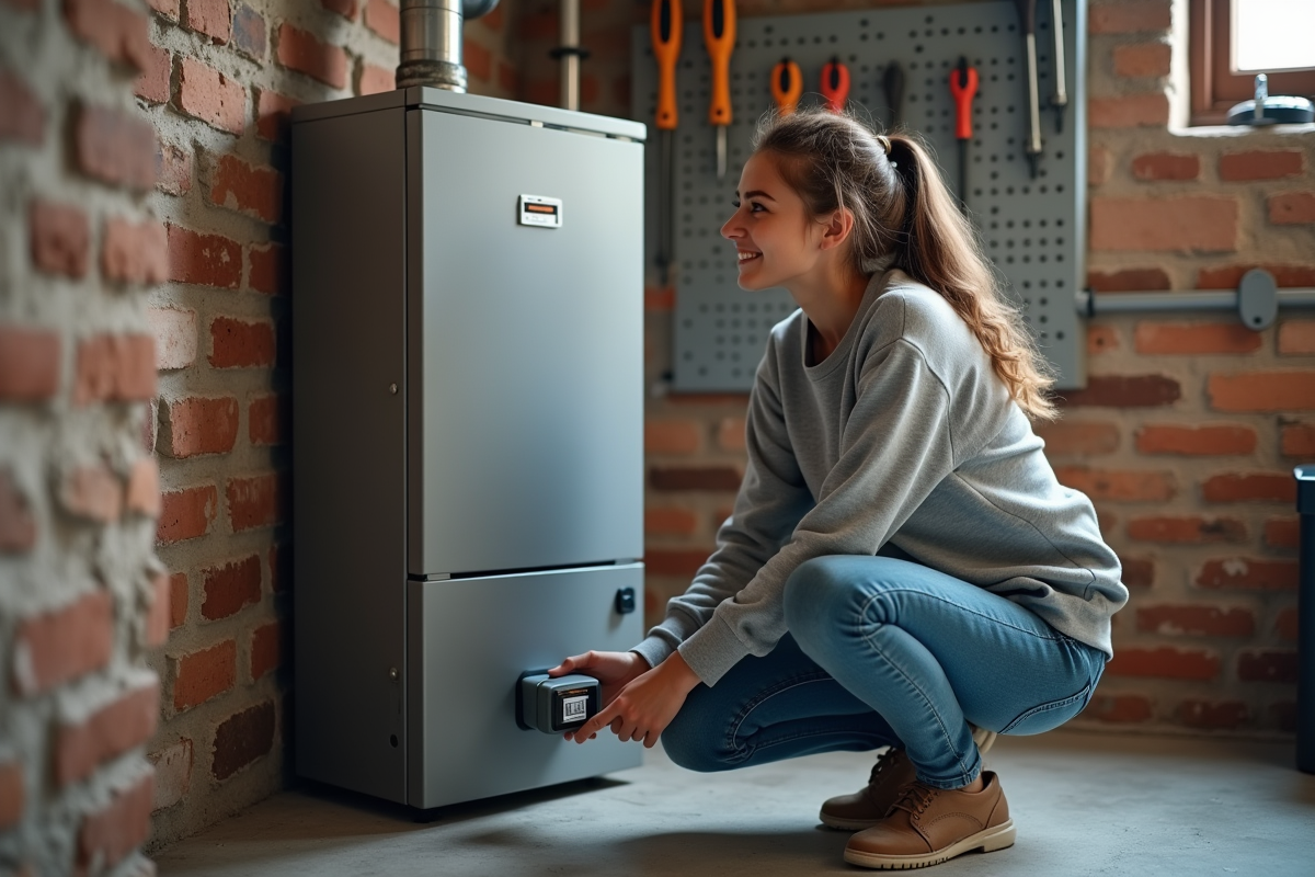 Jeune femme inspectant un nouveau boiler dans un sous-sol organisé