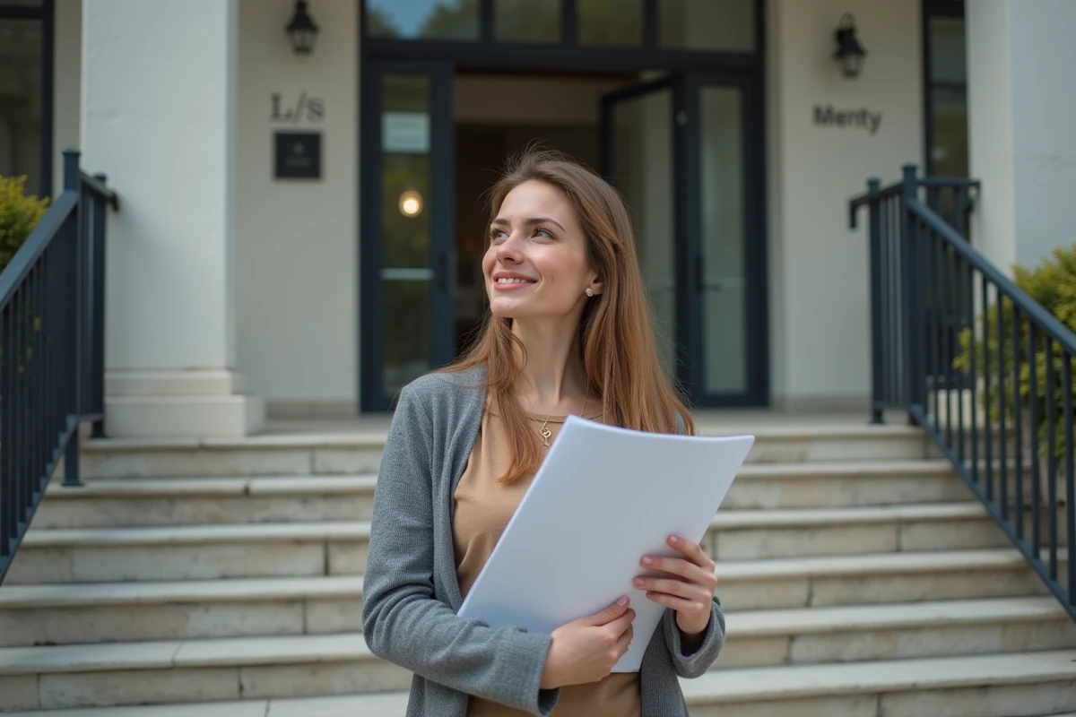 Jeune femme souriante devant bâtiment municipal moderne