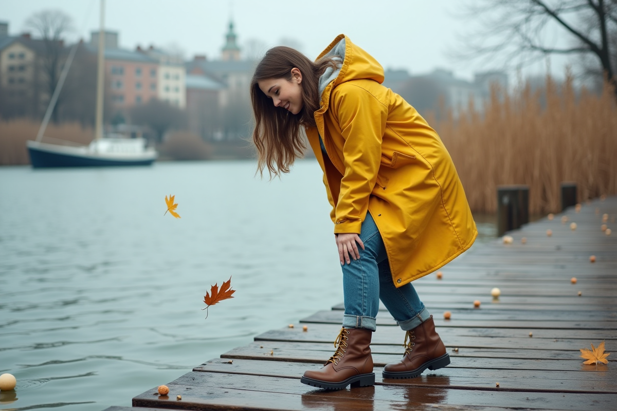 Jeune femme en imperméable jaune observe la rivière