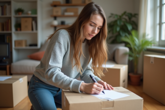 Jeune femme étiquetant des cartons dans un salon moderne