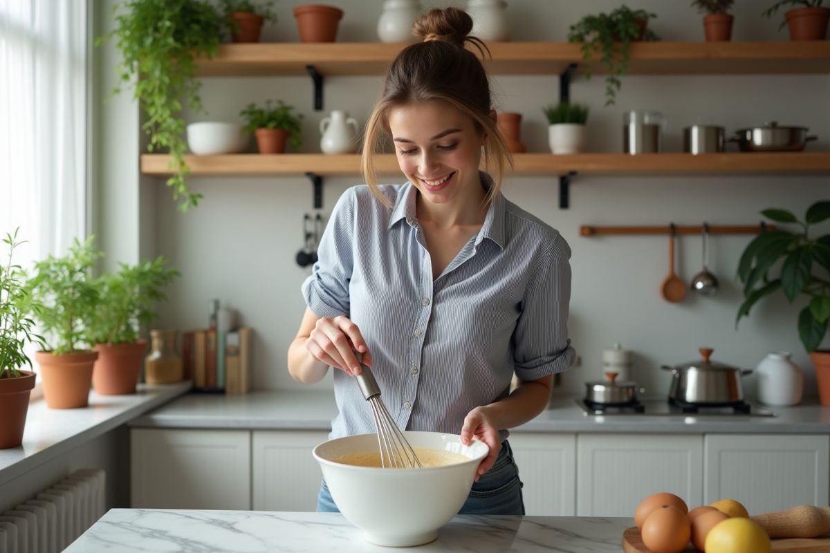 Jeune femme utilisant un fouet manuel dans la cuisine