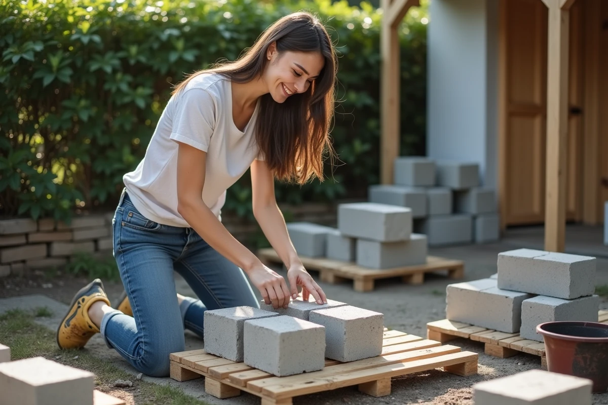 Jeune femme arrangeant des briques dans le jardin