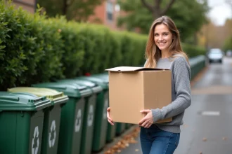 Jeune femme plie un carton près des poubelles de recyclage