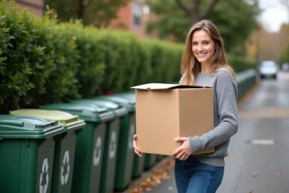 Jeune femme plie un carton pr&egrave;s des poubelles de recyclage