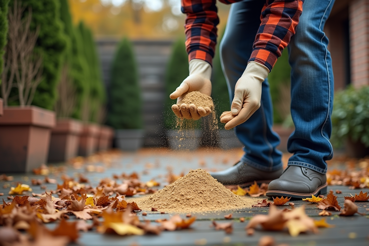 Jeune homme saupoudrant du compost sur des feuilles mortes