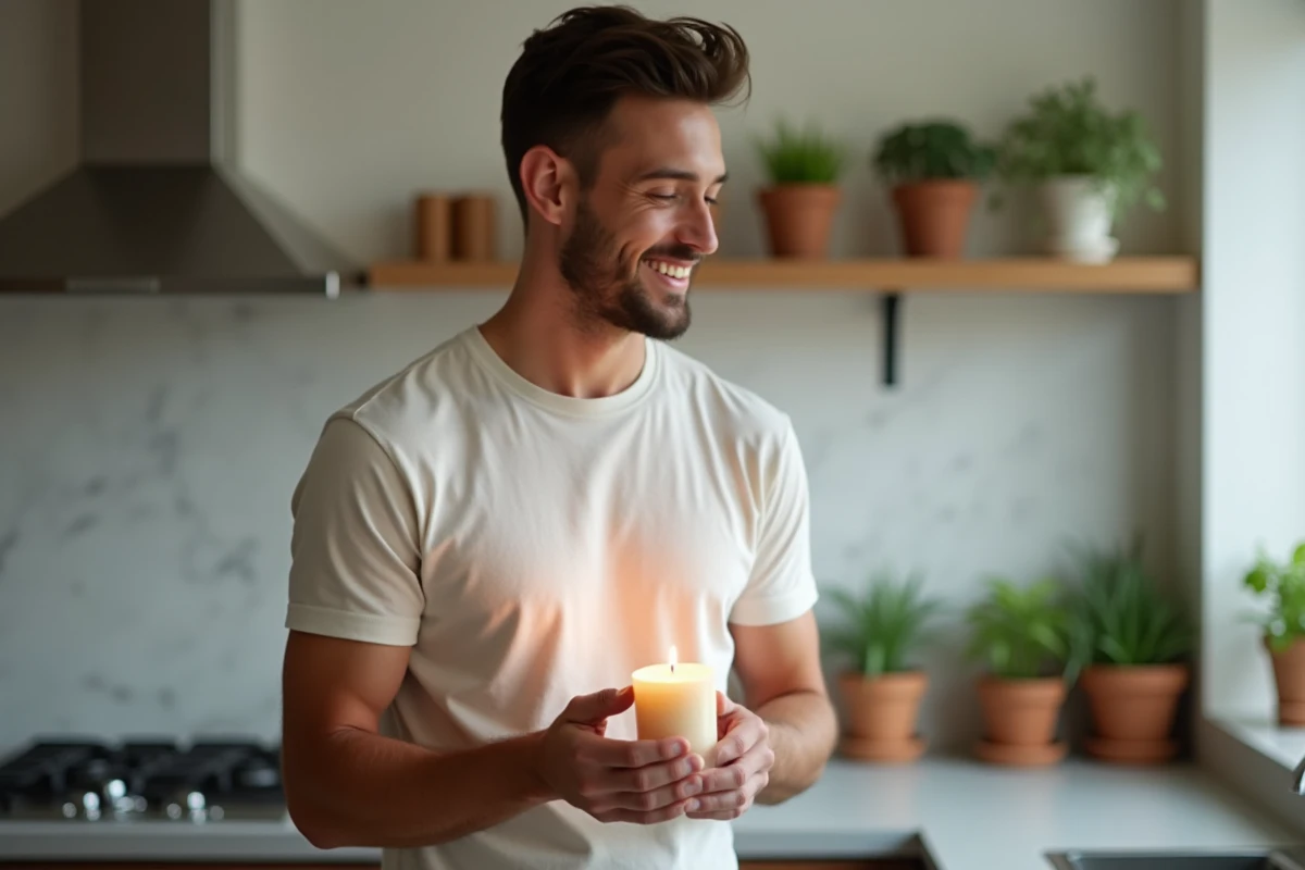 Jeune homme avec bougie écologique dans une cuisine moderne