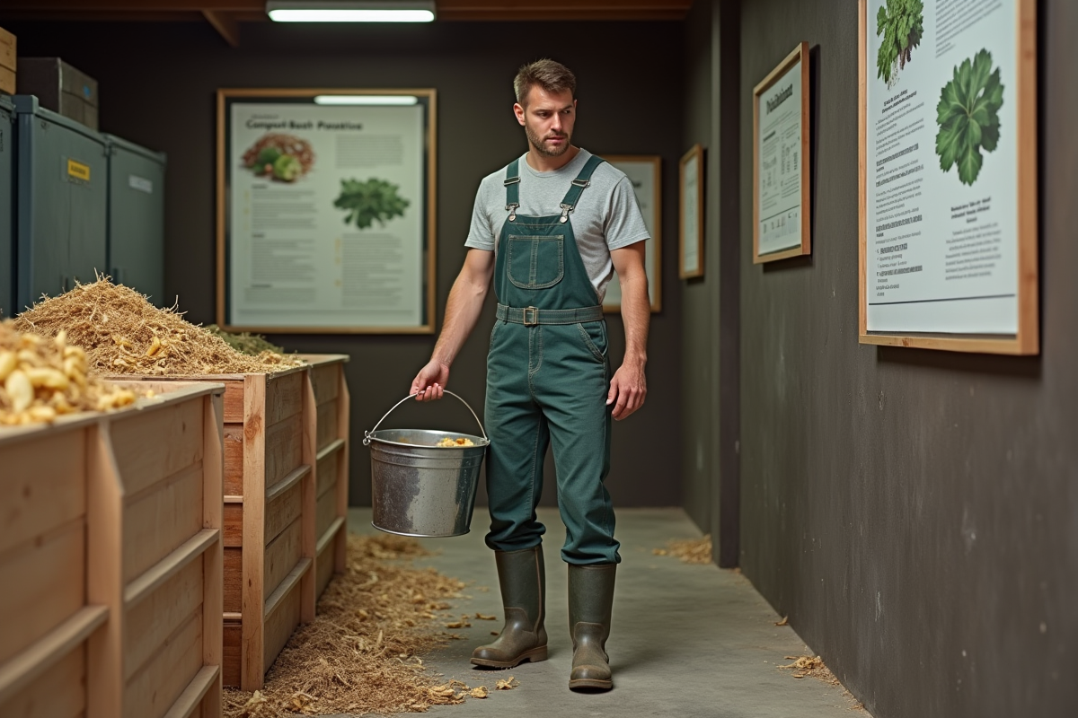 Jeune homme en overalls consulte guide compostage