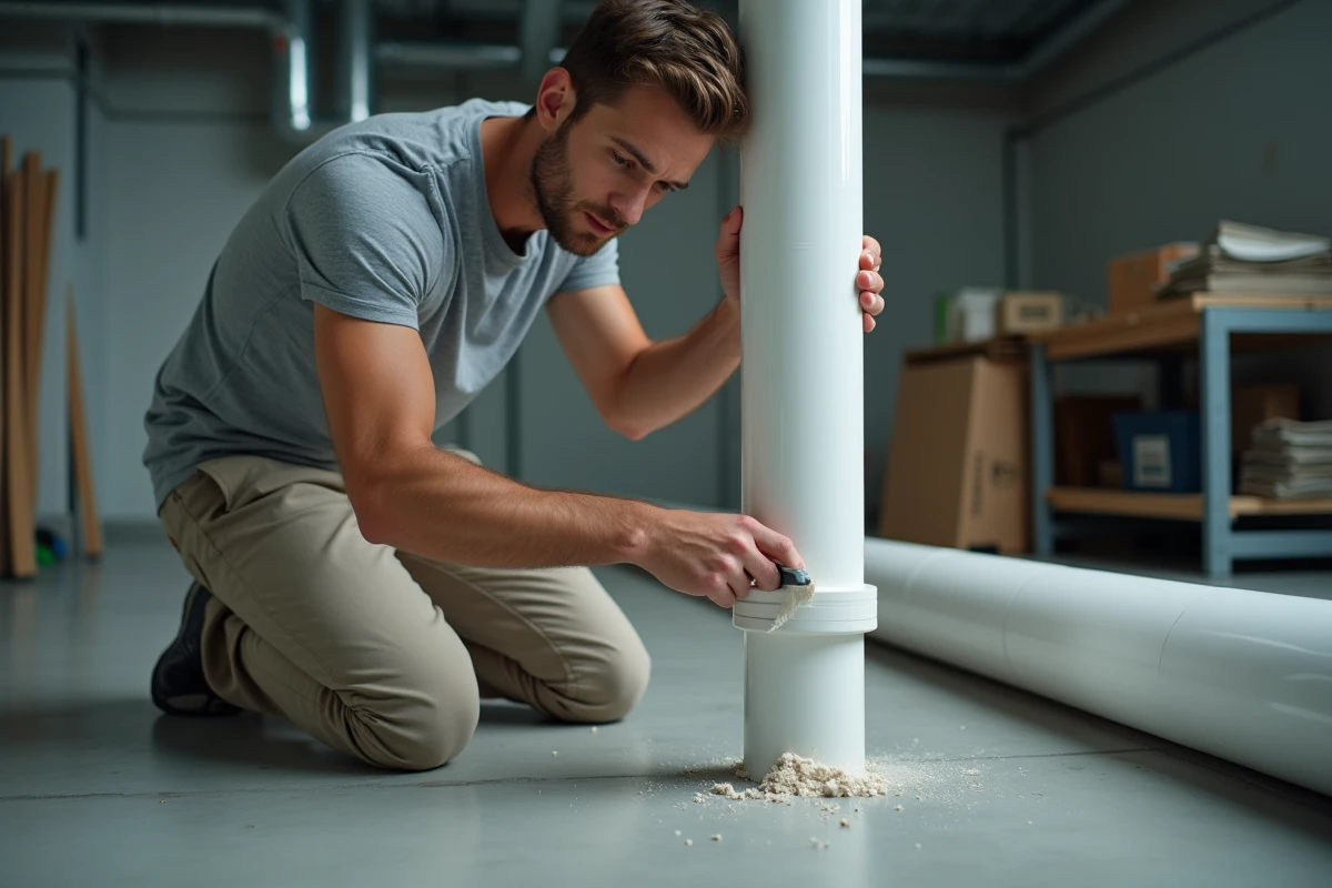 Jeune homme utilisant un grattoir pour enlever de la colle sur un tuyau PVC