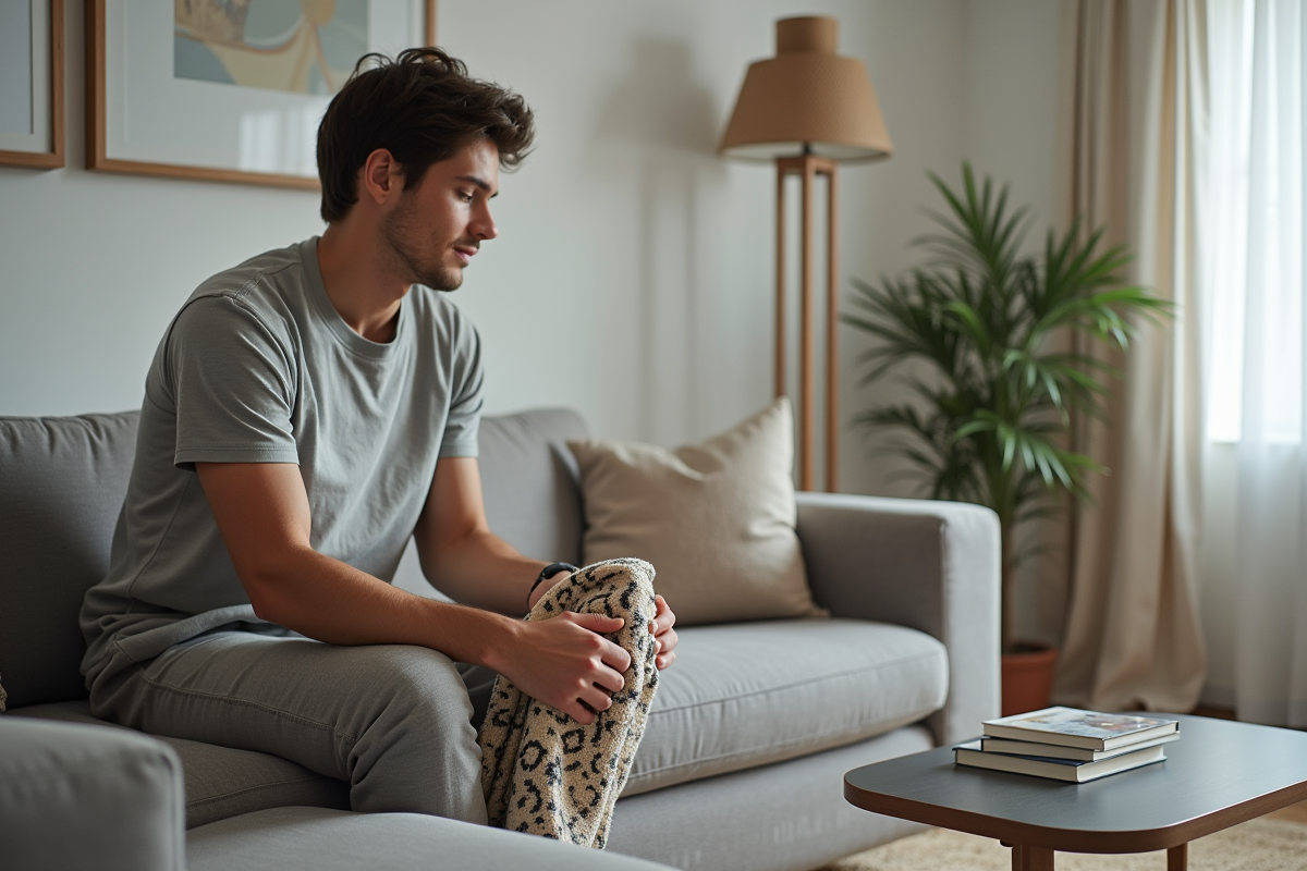 Jeune homme plie un plaid dans un salon moderne lumineux