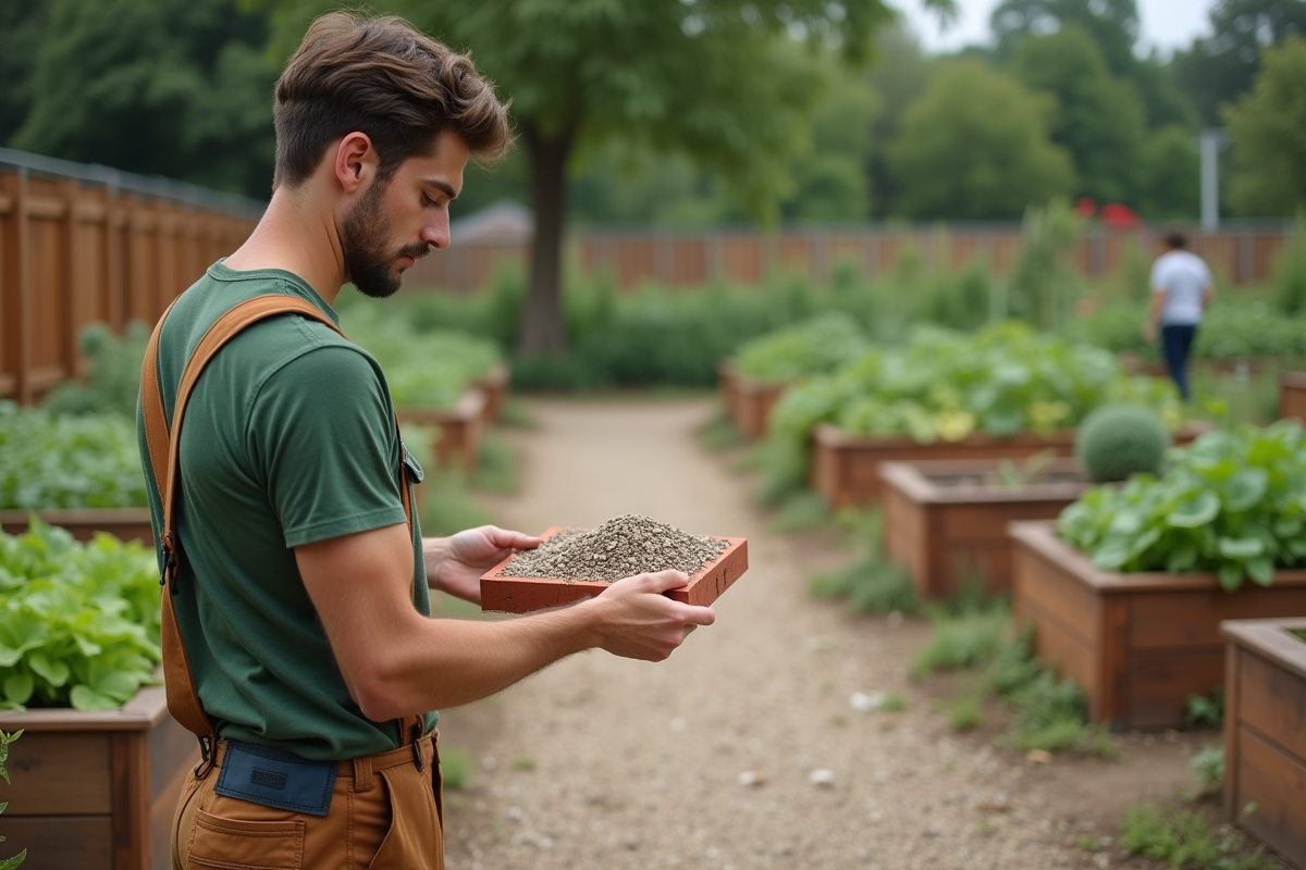 Jeune homme comparant des échantillons de gravier et de briques
