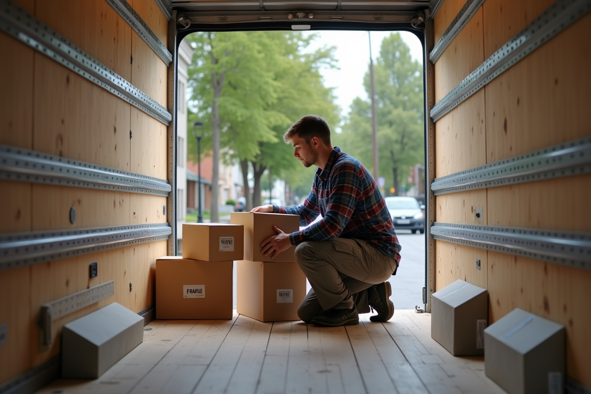 Jeune homme arrangeant des cartons dans un camion