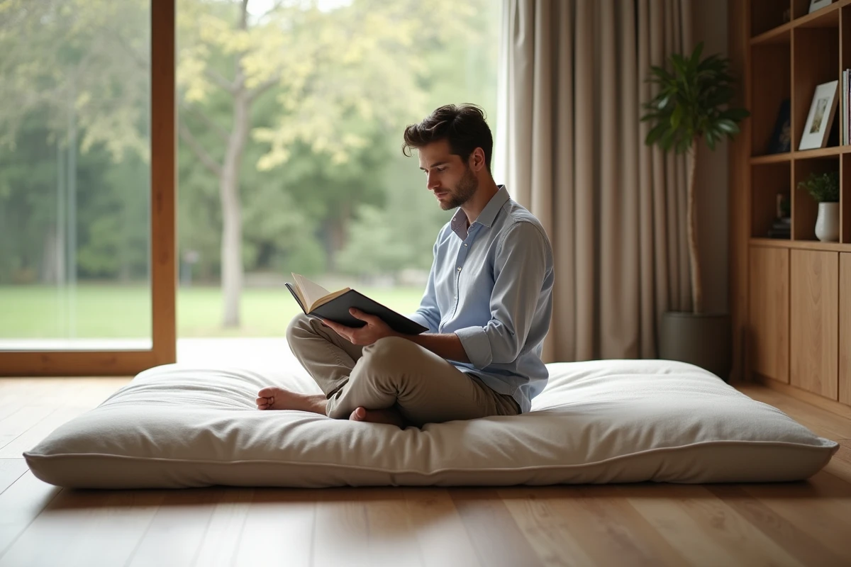 Jeune homme assis sur un futon en lisant dans une chambre moderne