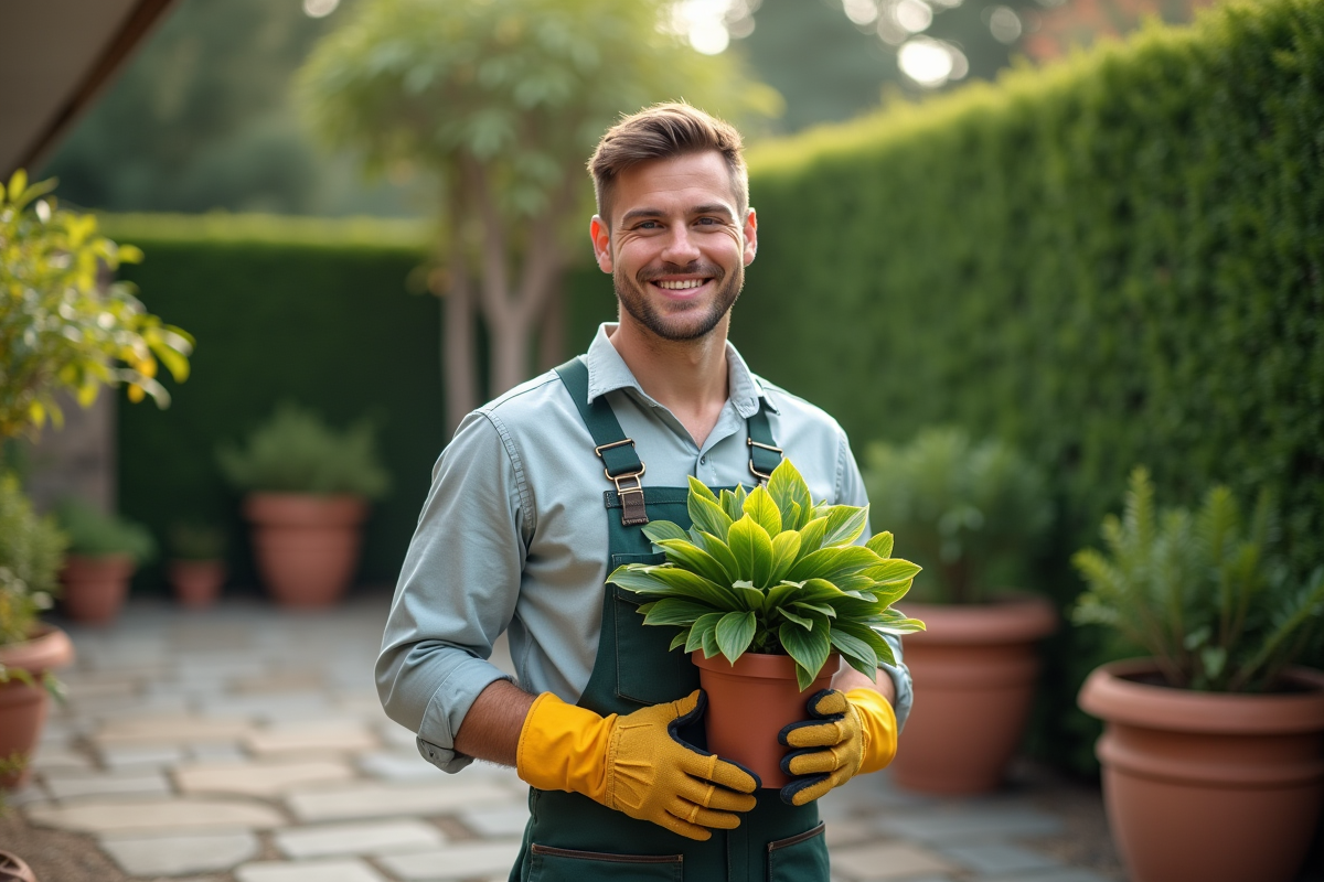 Jeune homme tenant une plante dans le jardin
