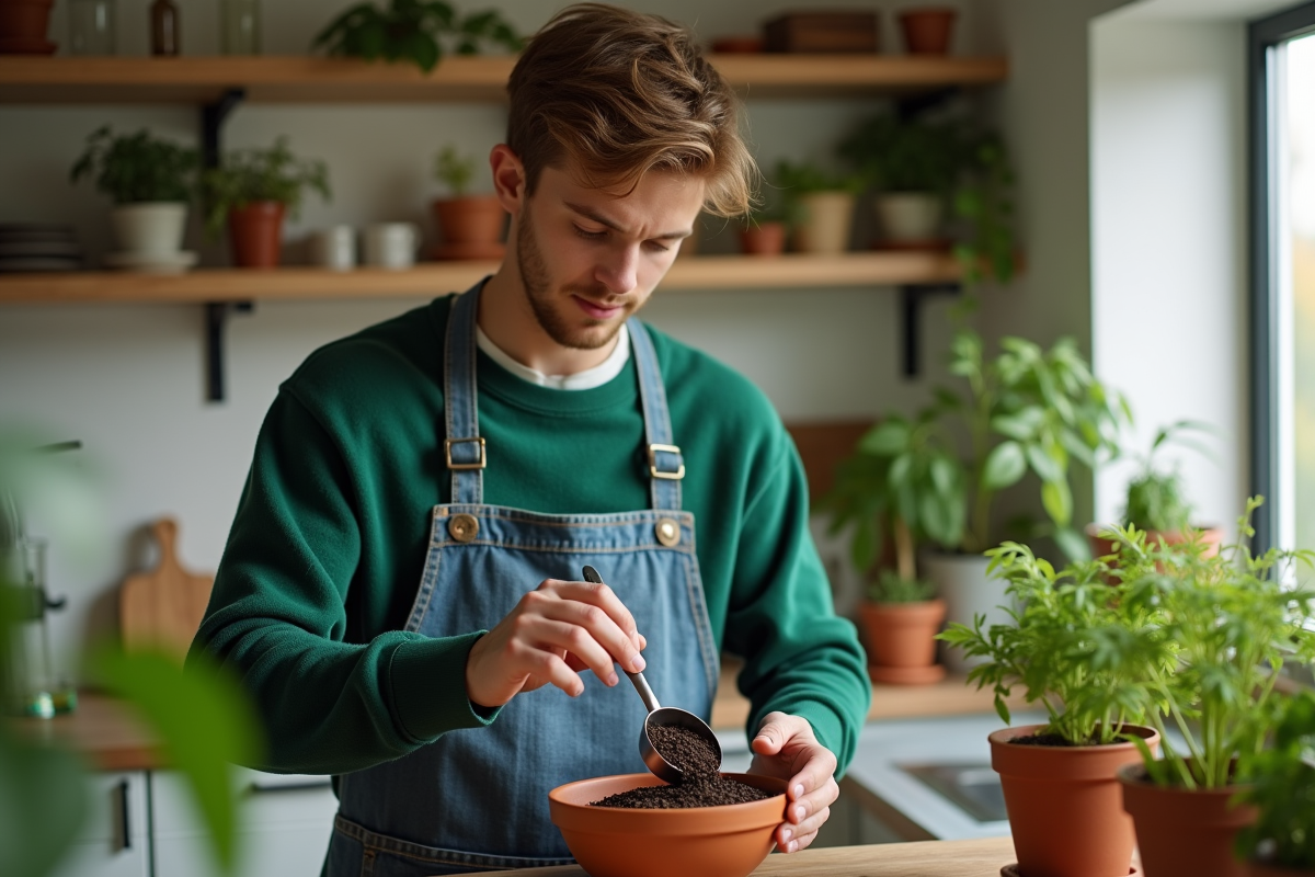 Jeune homme mesurant du compost dans une cuisine moderne