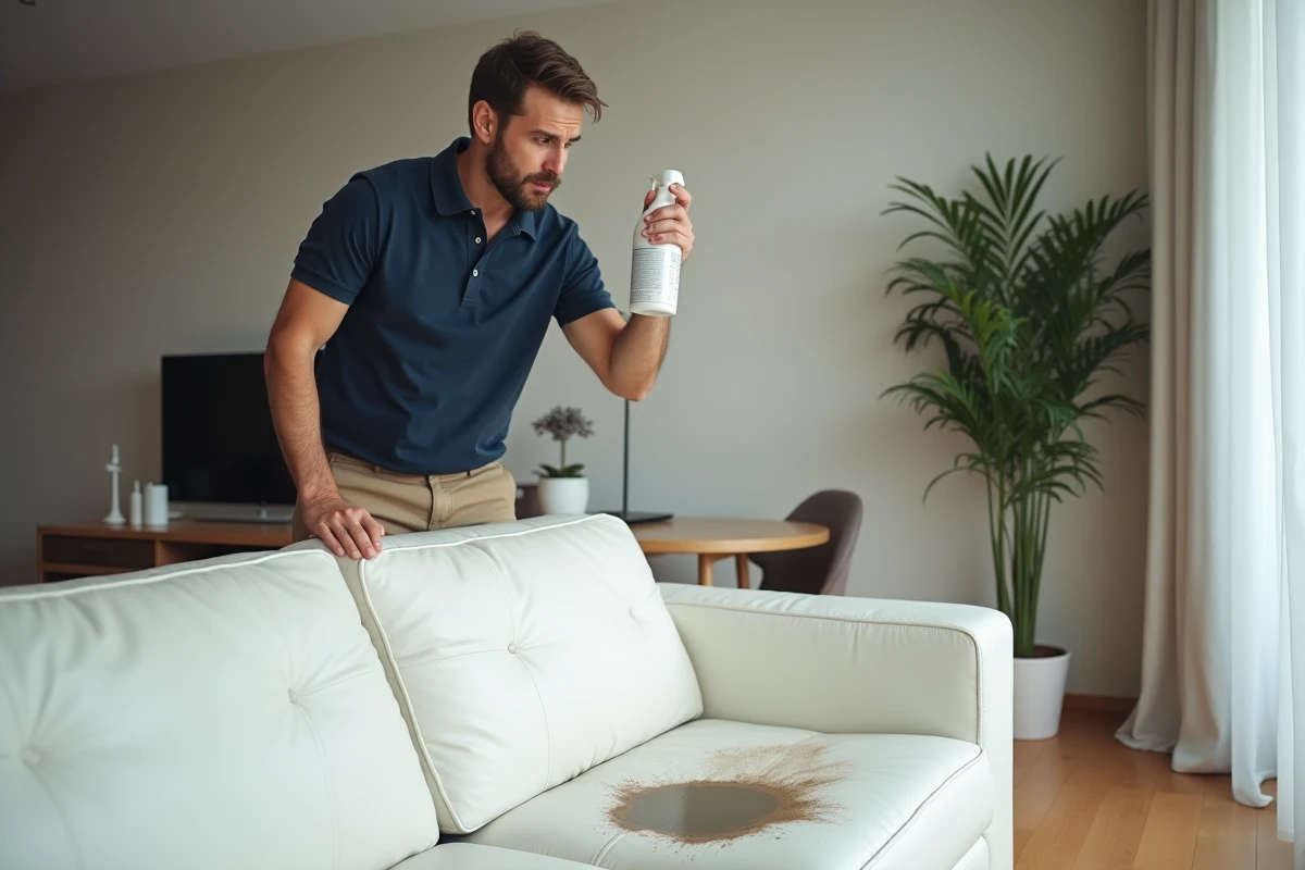 Jeune homme inspectant un canapé en cuir blanc dans un appartement moderne