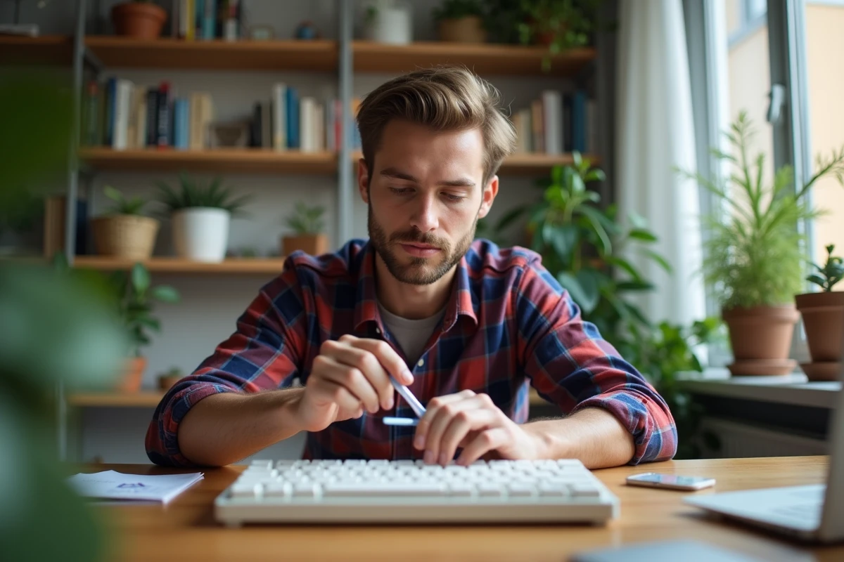 Jeune homme nettoyant un clavier d