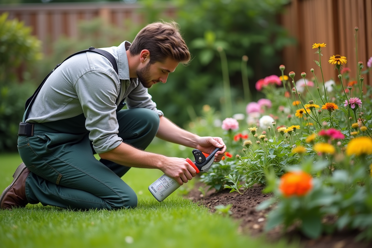Jeune homme nettoyant des sécateurs dans le jardin