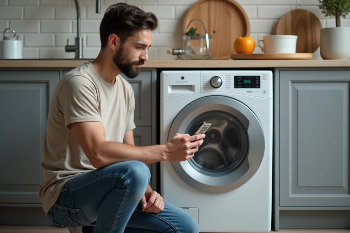 Jeune homme utilisant son smartphone pour scanner un QR code sur la machine à laver