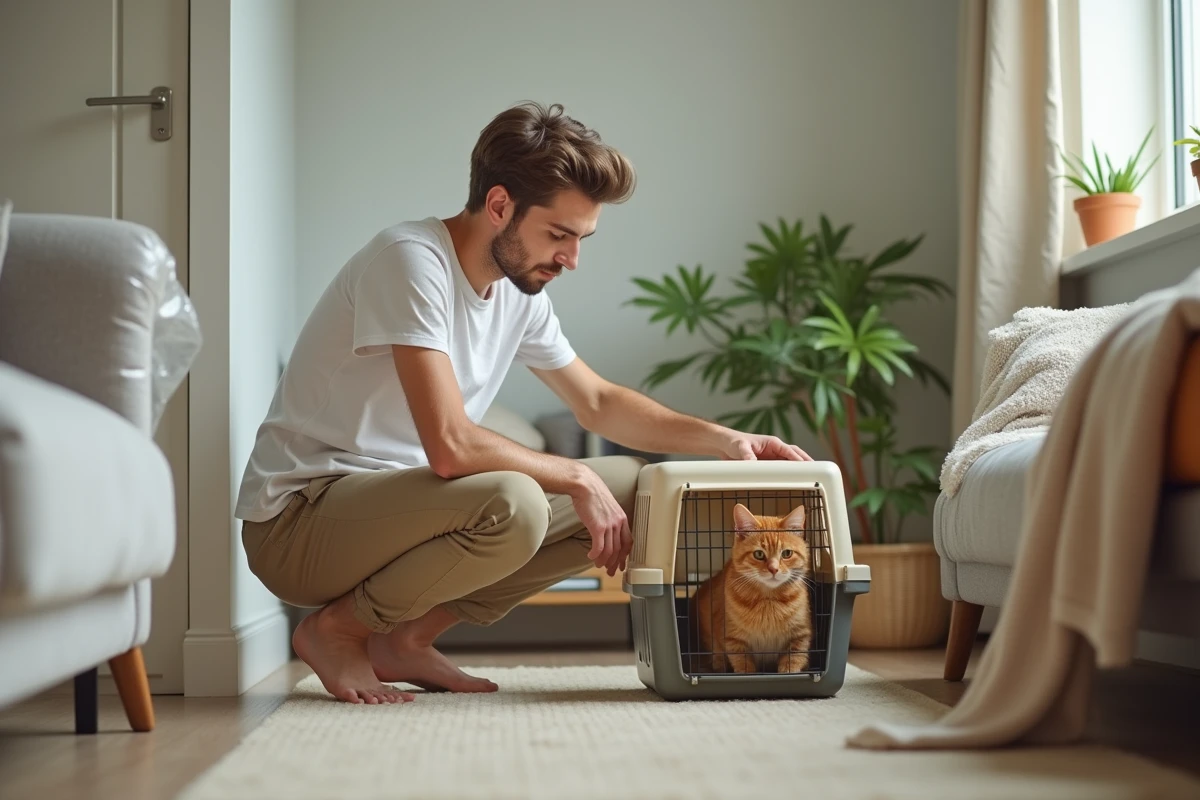Jeune homme avec chat orange dans un appartement moderne