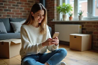 Jeune locataire assise sur le parquet de son appartement en train de souscrire une assurance habitation depuis son smartphone