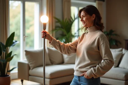 Femme ajustant une lampe halogen moderne dans un salon lumineux