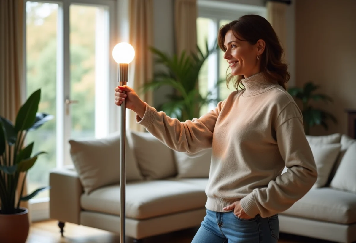 Femme ajustant une lampe halogen moderne dans un salon lumineux
