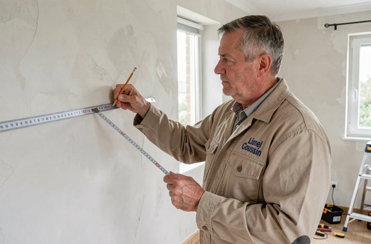 Lionel Coussin, artisan installateur, prenant des mesures pour la pose d'une unité de climatisation dans une maison en rénovation en Seine-Maritime