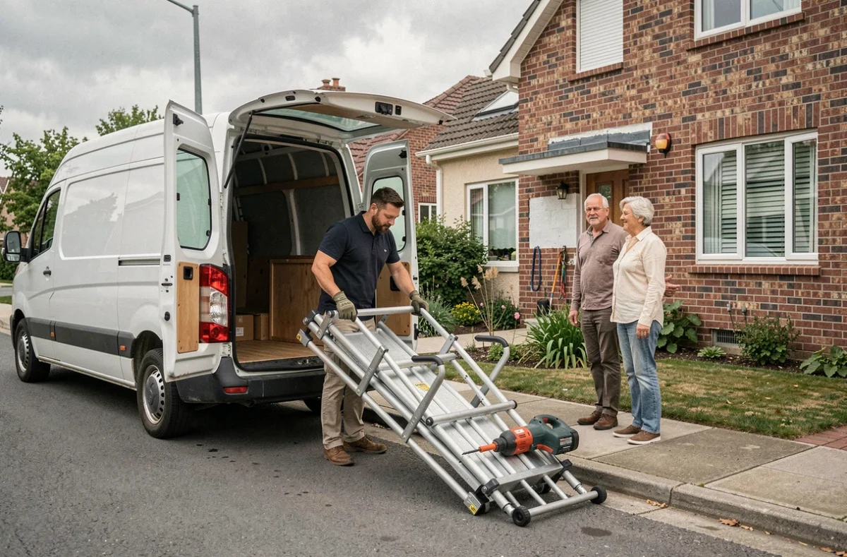 Livraison d'outils de chantier loués devant une maison en rénovation avec échafaudage et marteau-piqueur déchargés d'un camion utilitaire