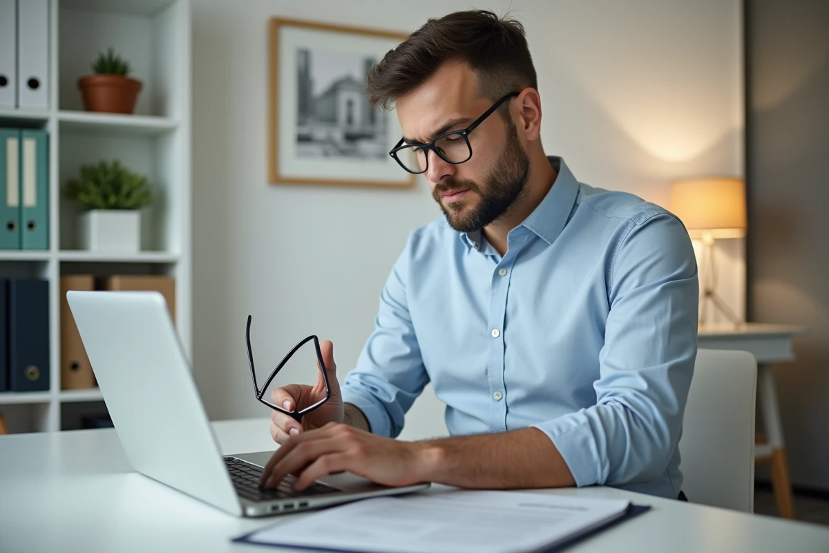 Locataire masculin consultant son contrat d'assurance habitation Acheel sur un ordinateur portable dans un bureau à domicile