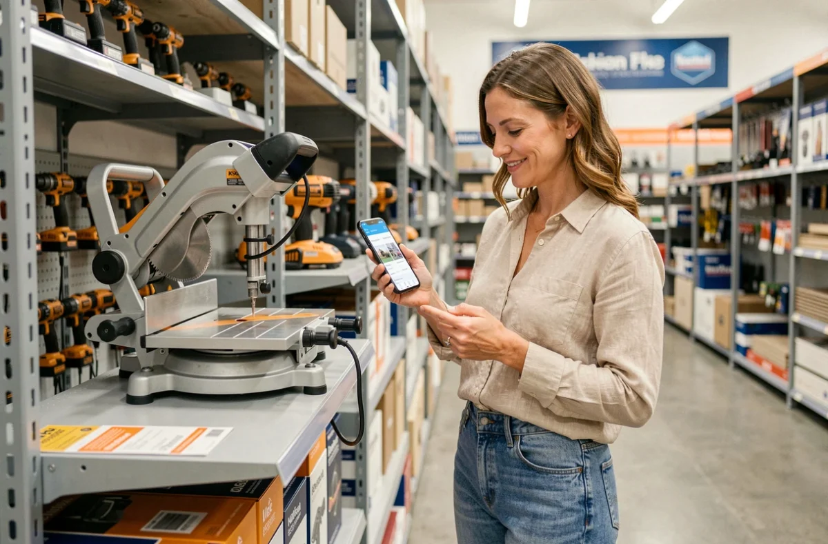 Femme consultant une application de location d'outils dans un magasin de matériel de chantier avec une scie à carrelage professionnelle en rayon