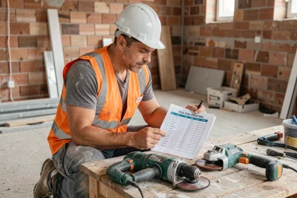 Ouvrier en chantier consultant une liste de location d'outils électroportatifs posés sur un établi en bois lors de travaux de rénovation
