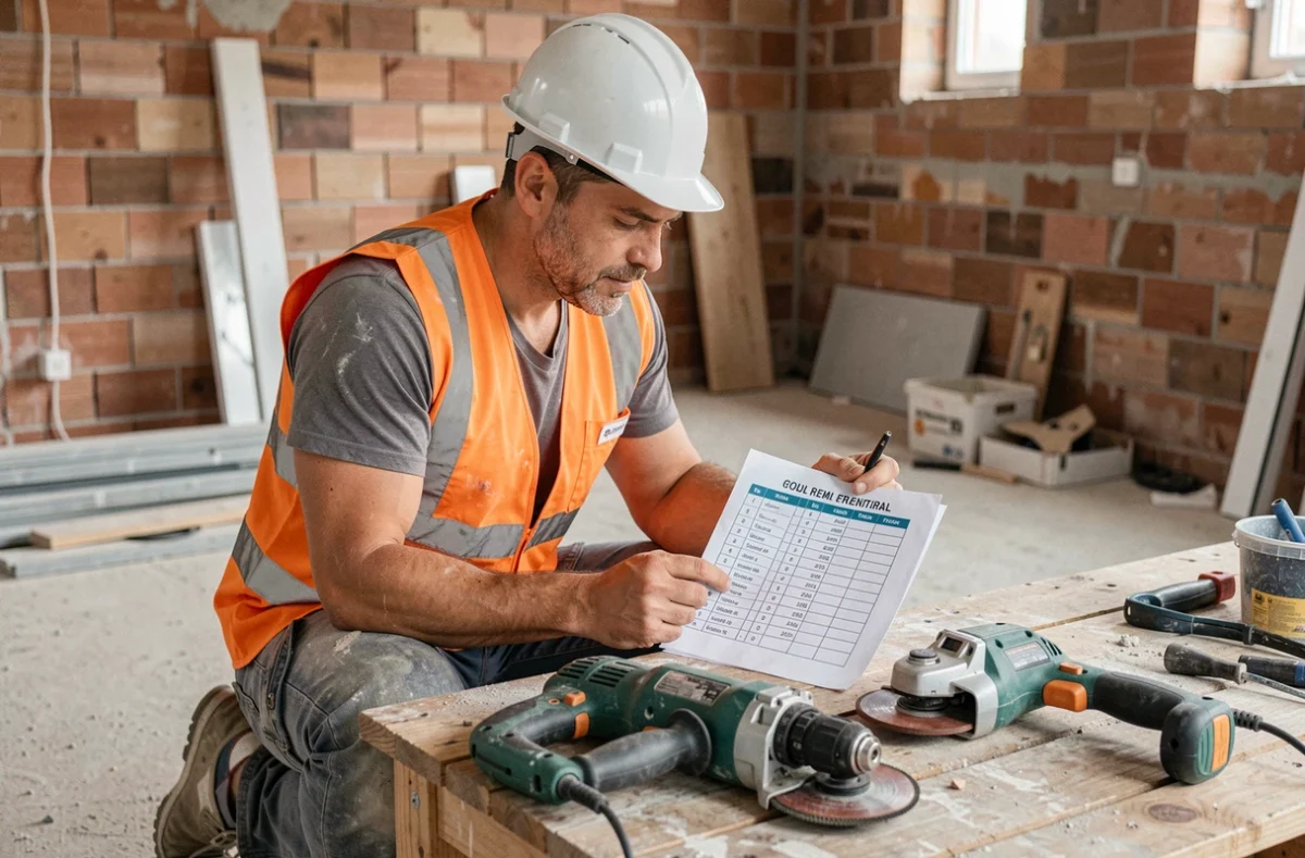 Ouvrier en chantier consultant une liste de location d'outils électroportatifs posés sur un établi en bois lors de travaux de rénovation