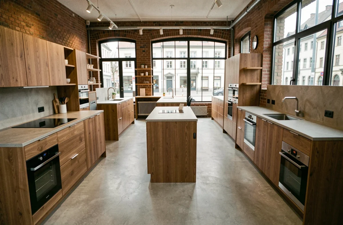 Showroom de cuisinistes dans le Bas-Rhin présentant plusieurs modèles de cuisines modernes et traditionnelles