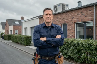 Technicien en climatisation devant un immeuble résidentiel en Seine-Maritime, illustrant le classement des meilleurs installateurs de climatisation de la région en 2026
