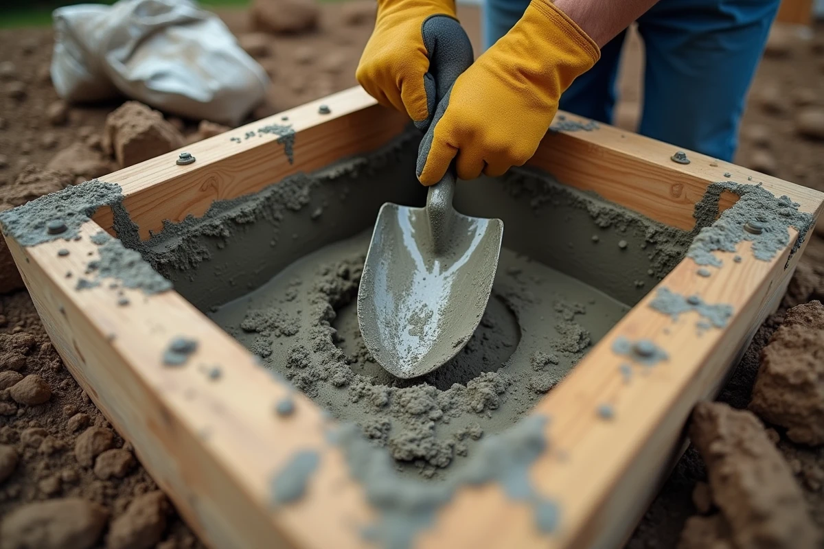 Mains gantées mélangeant du béton frais à la pelle dans un coffrage avec un sac de ciment vide au sol