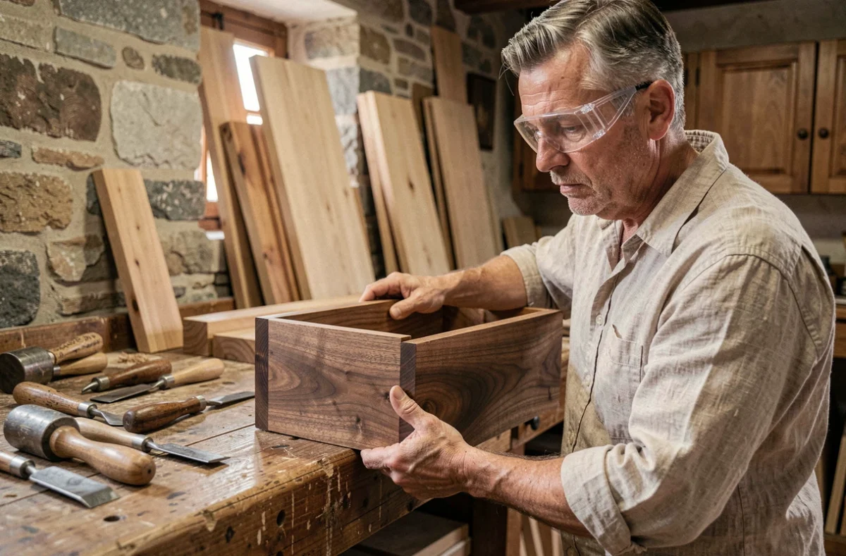 Menuisier cuisiniste à Benfeld ajustant une façade en noyer massif dans son atelier artisanal du sud du Bas-Rhin