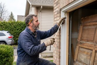 Artisan mesurant l'encadrement d'une porte de garage avant remplacement sur façade en briques