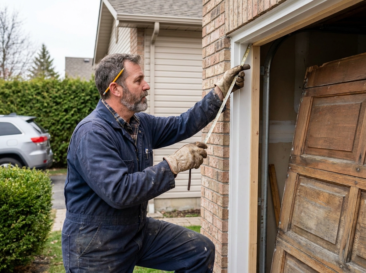 Artisan mesurant l'encadrement d'une porte de garage avant remplacement sur façade en briques