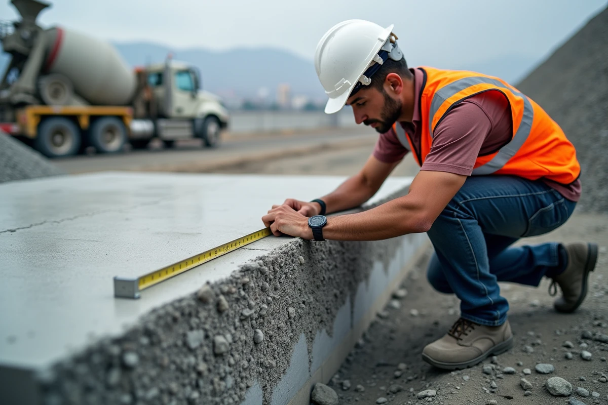 Professionnel mesurant l'épaisseur d'une dalle de béton désactivé sur un chantier, coupe transversale montrant les granulats et les couches de béton