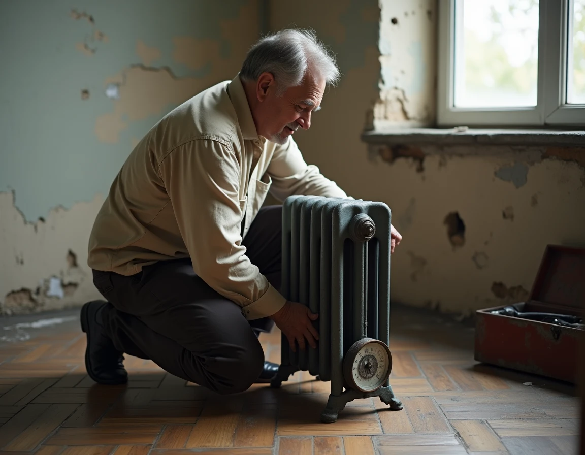 Homme mesurant le poids d'un radiateur en fonte ancien avec une balance dans un appartement en rénovation