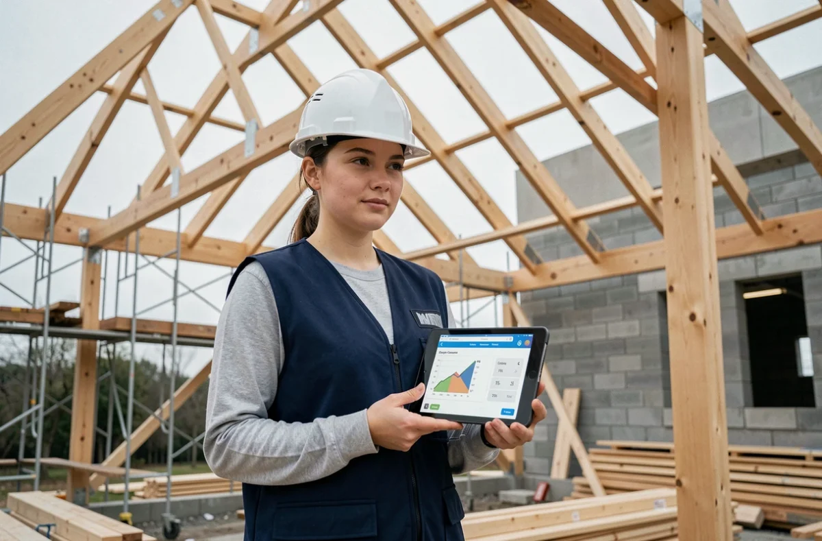 Métreur sur chantier de toiture utilisant une application de conversion de pente en degrés sur tablette numérique