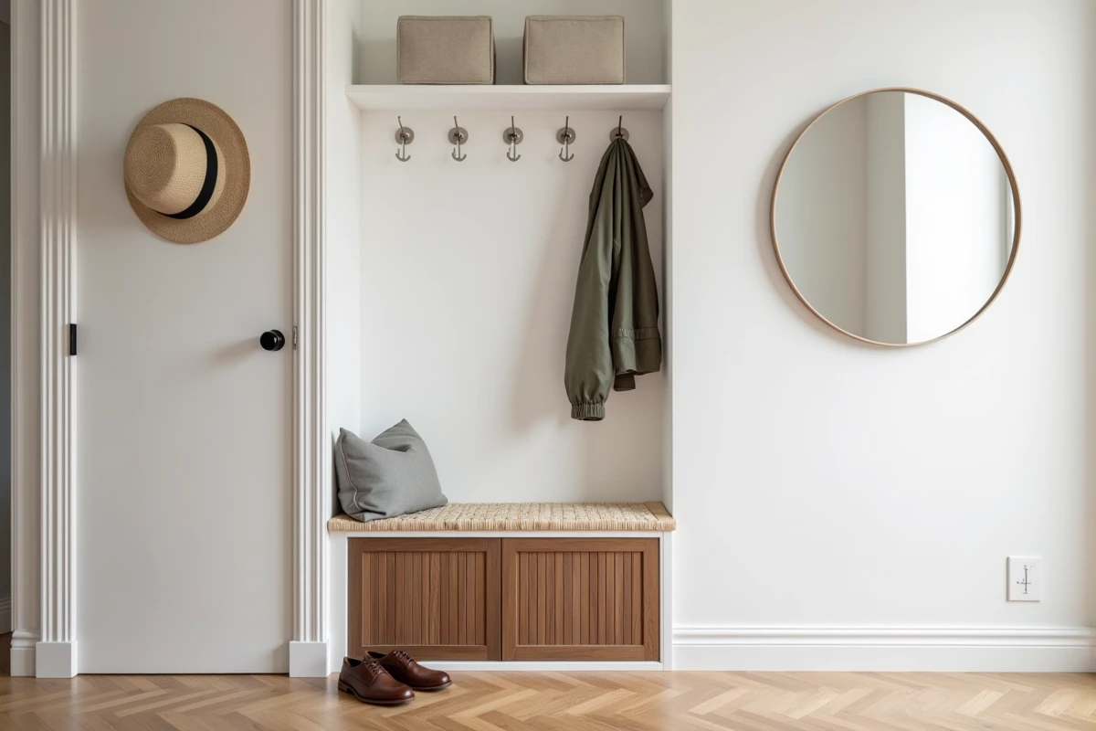 Meuble entrée complet avec porte-manteau mural intégré et armoire à chaussures en noyer dans un couloir contemporain