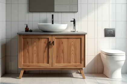 Meuble de salle de bain en teck exotique avec grain naturel visible et finition huilée, posé dans une salle de bain moderne aux carreaux blancs