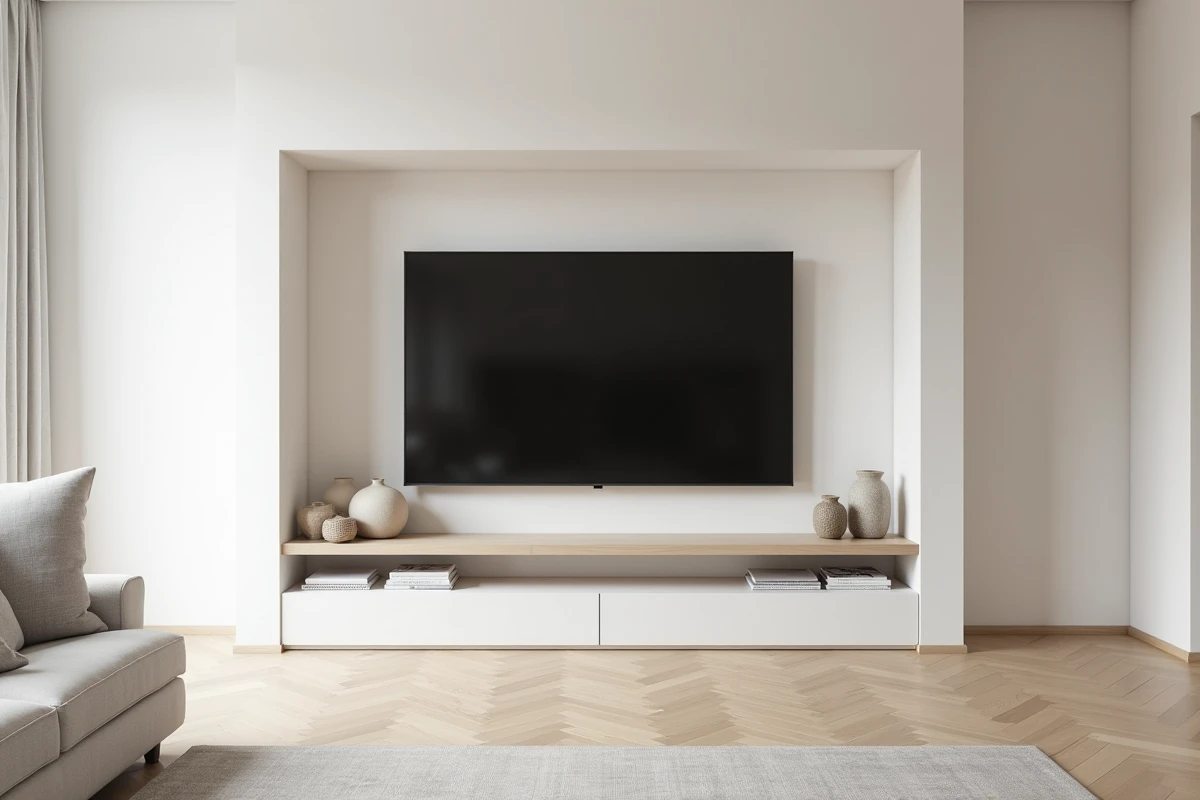 Meuble TV en placo design intégré dans un salon moderne avec finition mate blanche et étagères flottantes