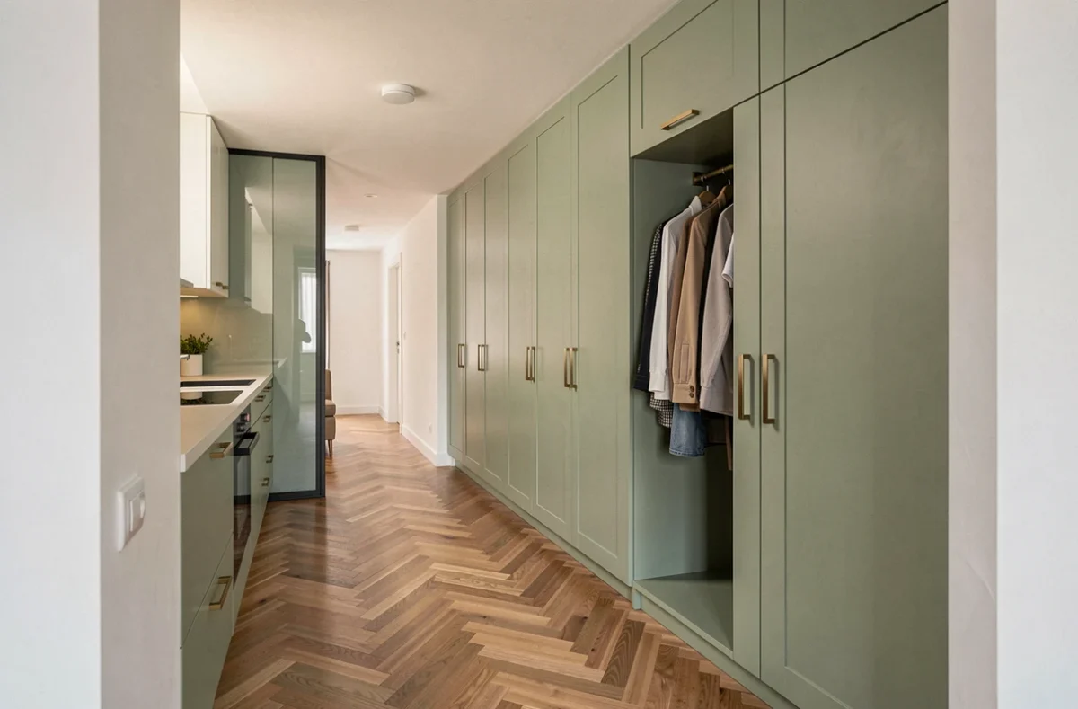 Cuisine Mobalpa à Strasbourg avec cuisine vert sauge et dressing intégré assorti dans un appartement loft