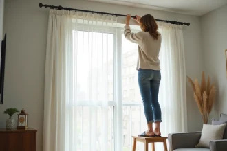 Femme installant une tringle minimaliste dans un salon moderne