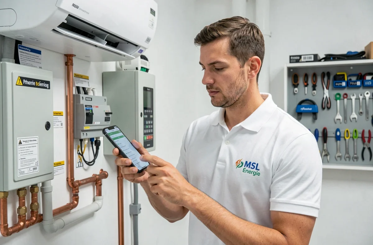 Technicien de MSL Énergie effectuant un diagnostic sur un système de climatisation multi-split dans une maison en Seine-Maritime