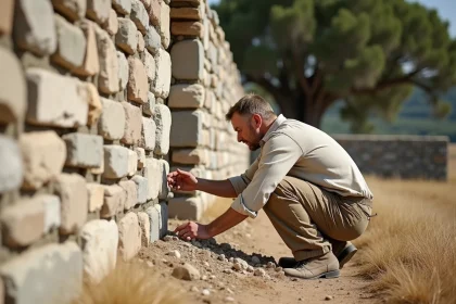 Maçon inspectant un mur en pierre de moellon avec joints de mortier dans un cadre rural français