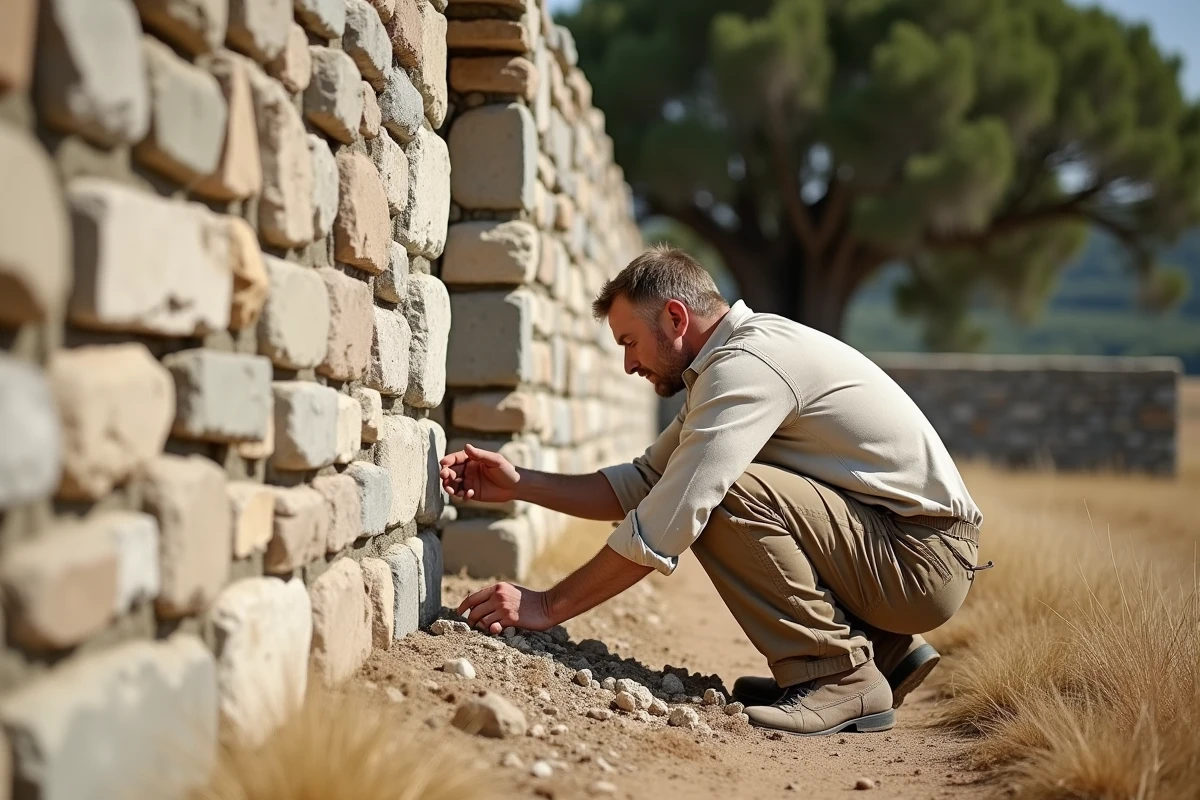Maçon inspectant un mur en pierre de moellon avec joints de mortier dans un cadre rural français