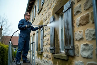 Professionnel du nettoyage utilisant un nettoyeur haute pression sur une façade en pierre recouverte de mousse verte